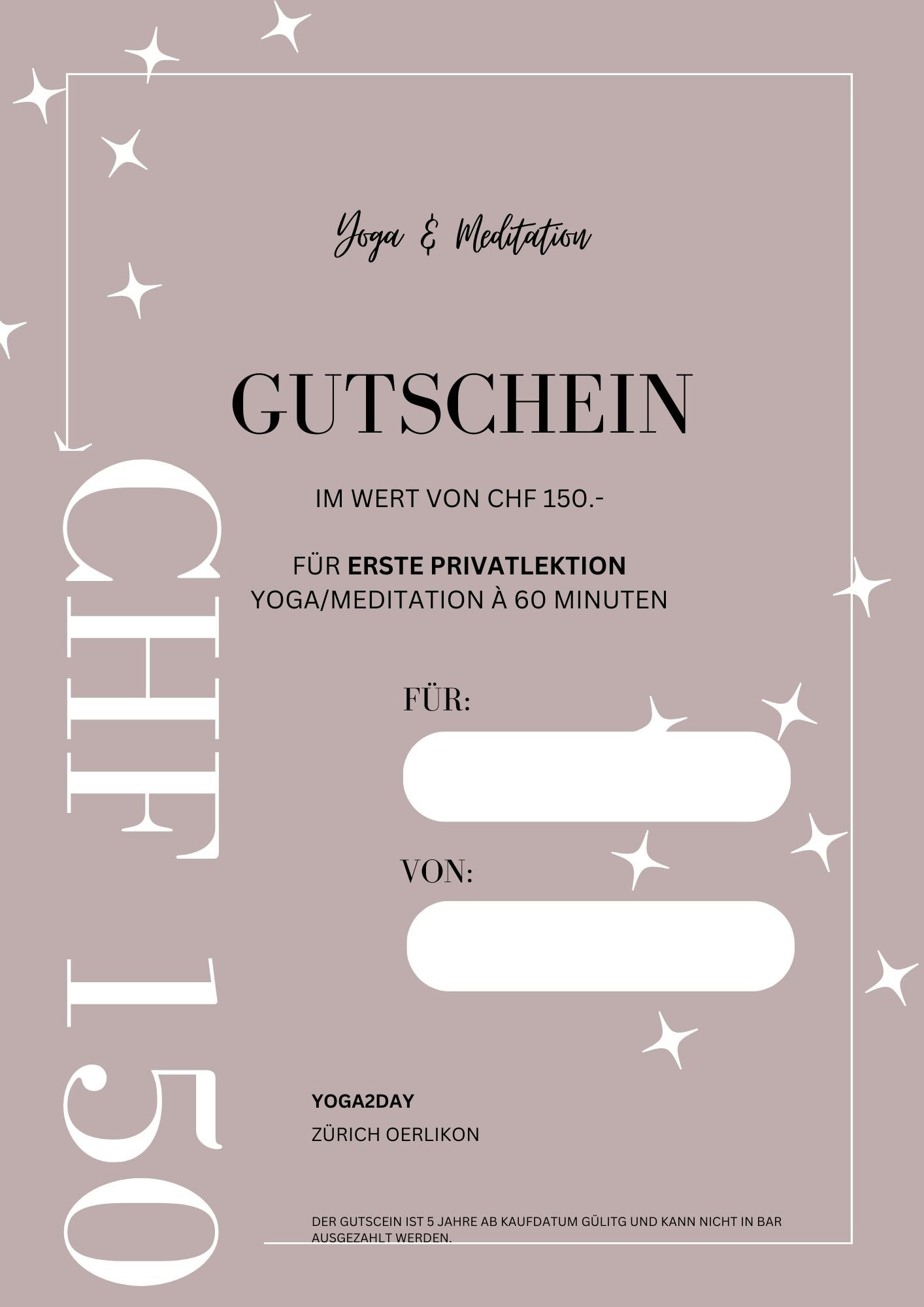 150 CHF Gutschein für die erste Privatlektion Yoga & Meditation à 60 Minuten